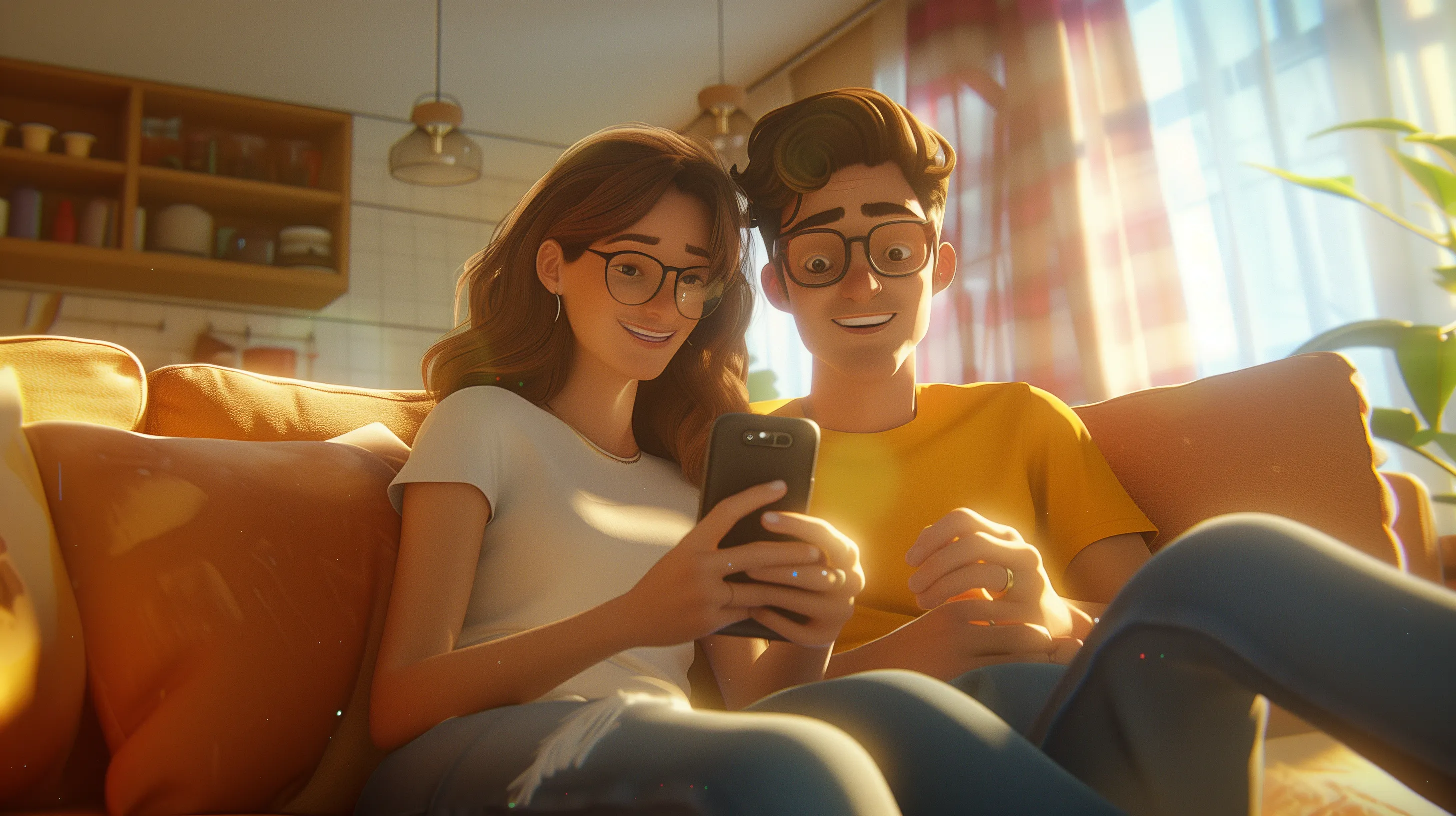 Ein Pärchen schaut gemeinsam auf ihr Smartphone und lächelt.