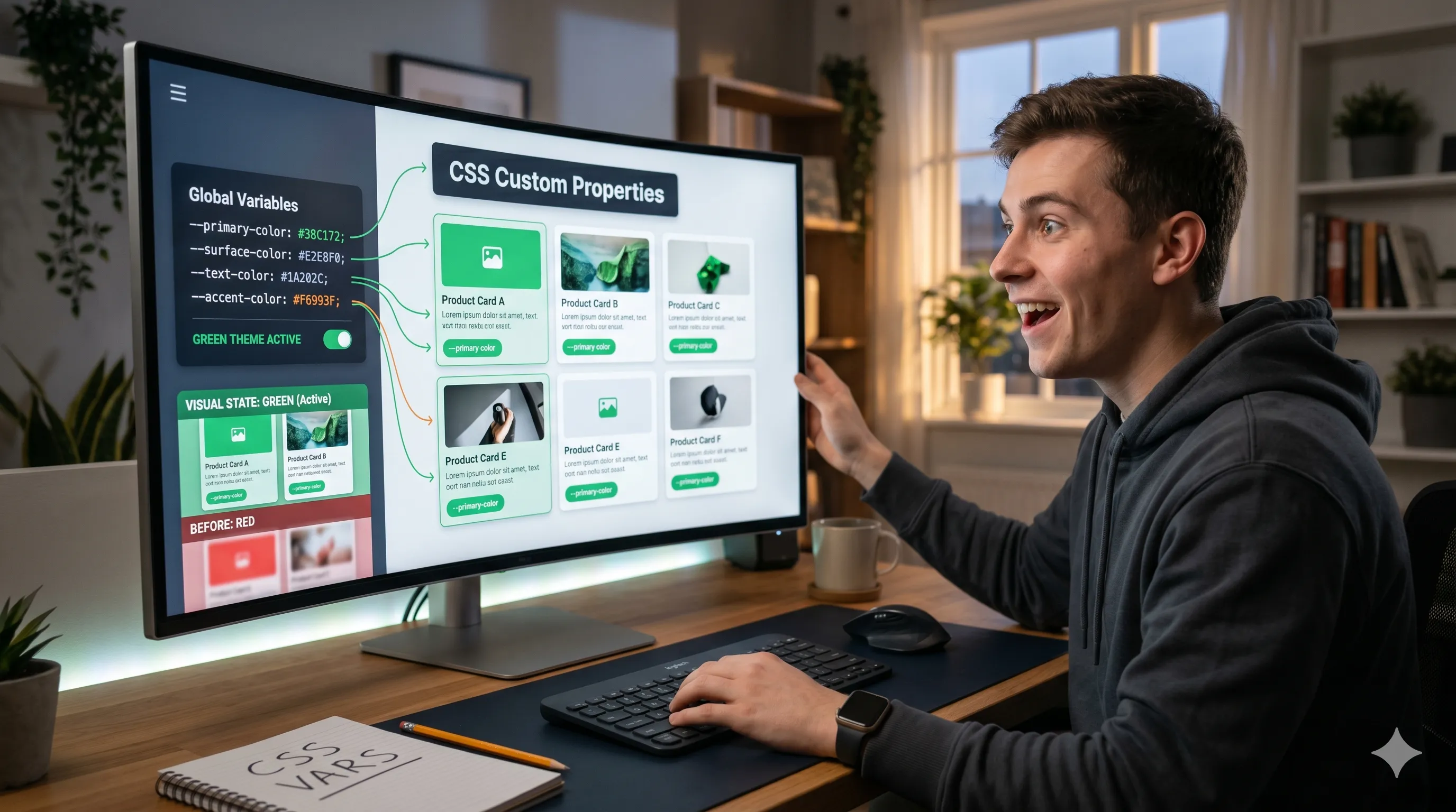 Ein Student sitzt am Schreibtisch vor einem großen Monitor und sieht eine Oberfläche zu CSS Custom Properties mit umgeschalteten Karten von Rot auf Grün.
