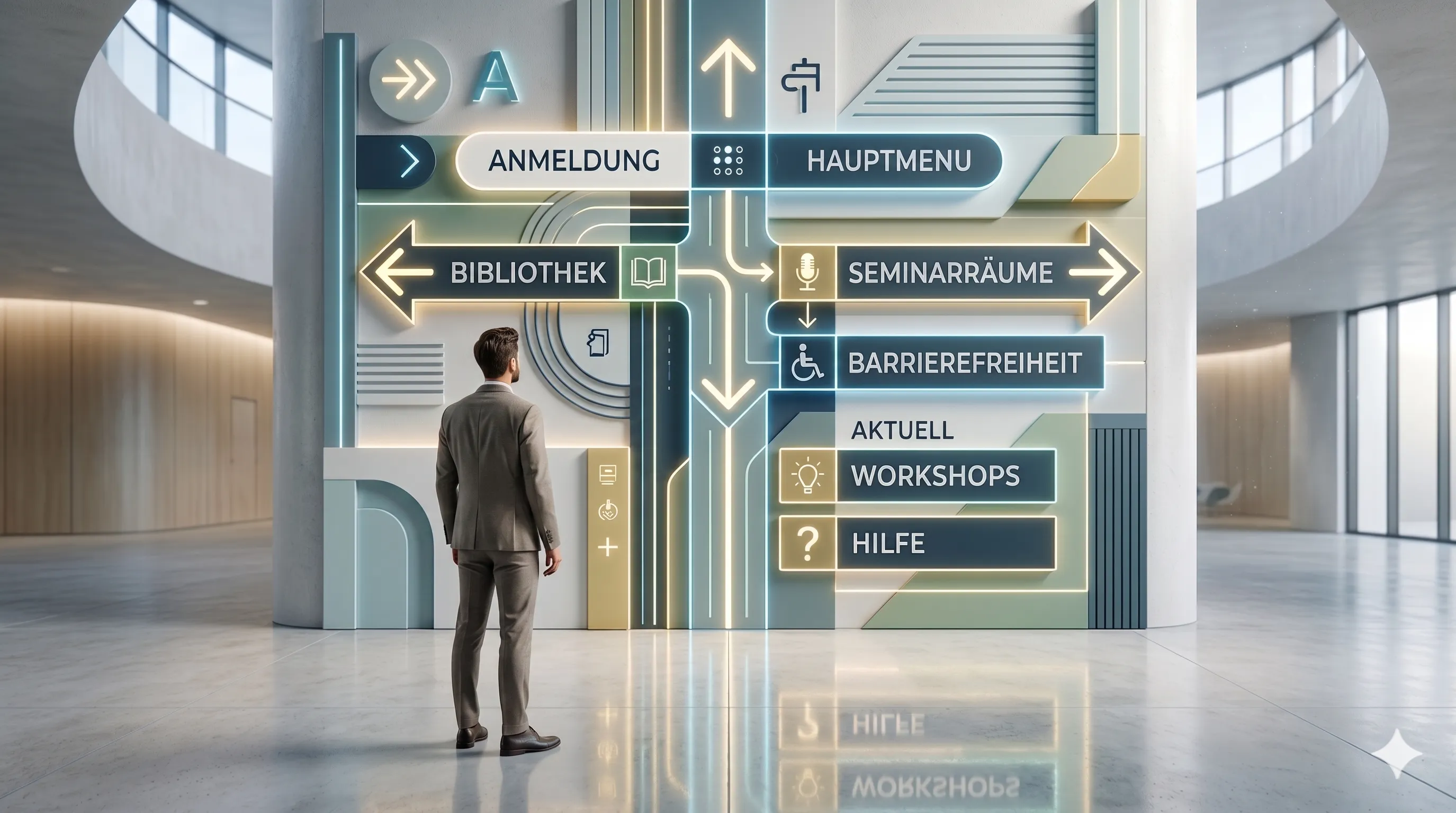 Mann vor einem komplexen Leitsystem mit vielen Schildern und Symbolen in einer modernen Halle.