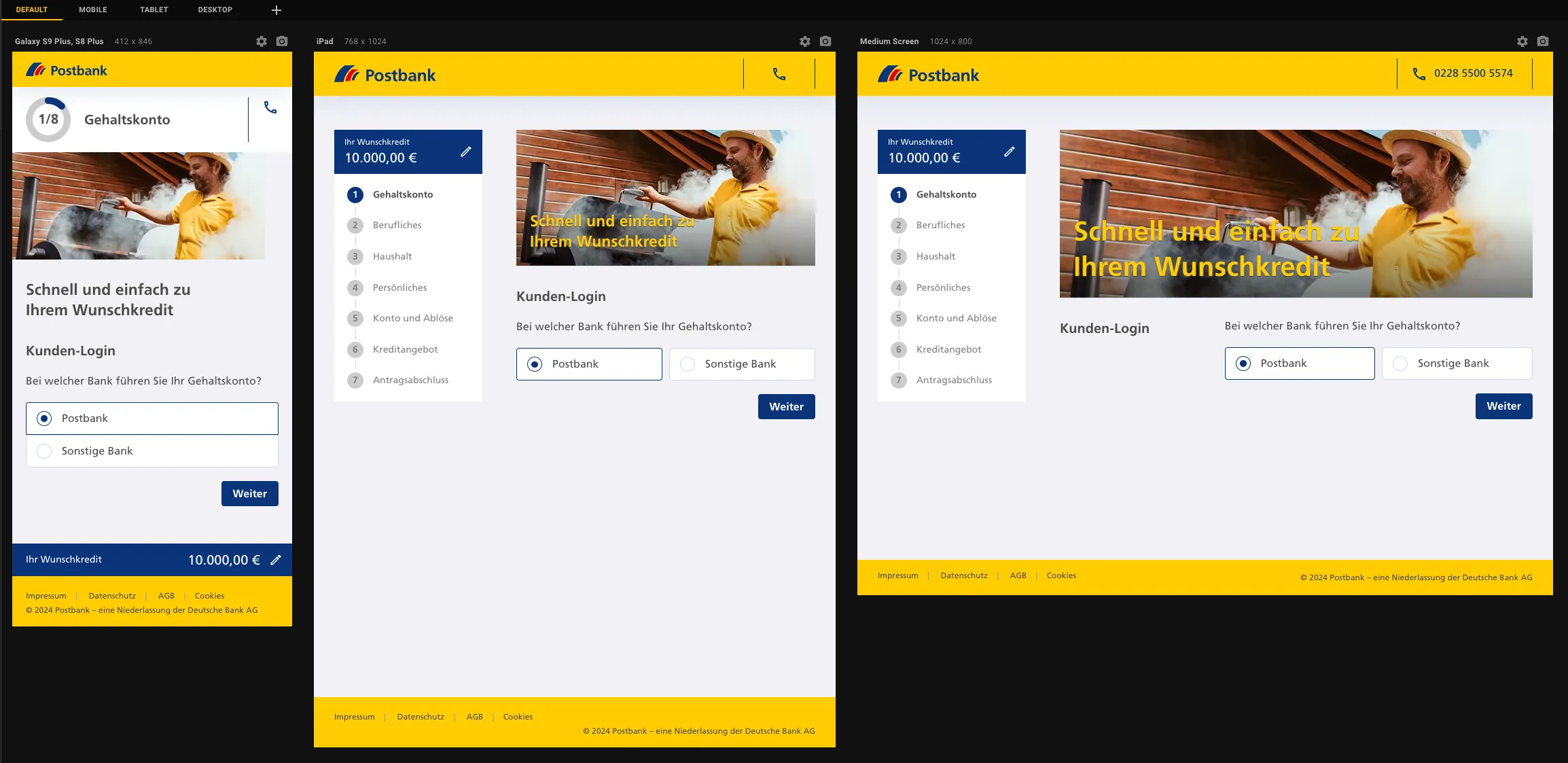 Vergleich derselben Postbank-Teaserfläche auf Smartphone, Tablet und Desktop mit unterschiedlichem Bildzuschnitt.
