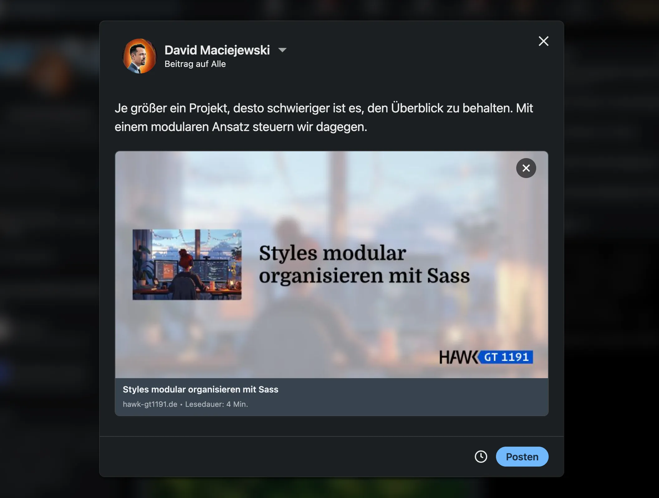 Screenshot aus LinkedIn, wie ein Beitrag geteilt wird. Dieser wird mit Bild und Titel dargestellt.