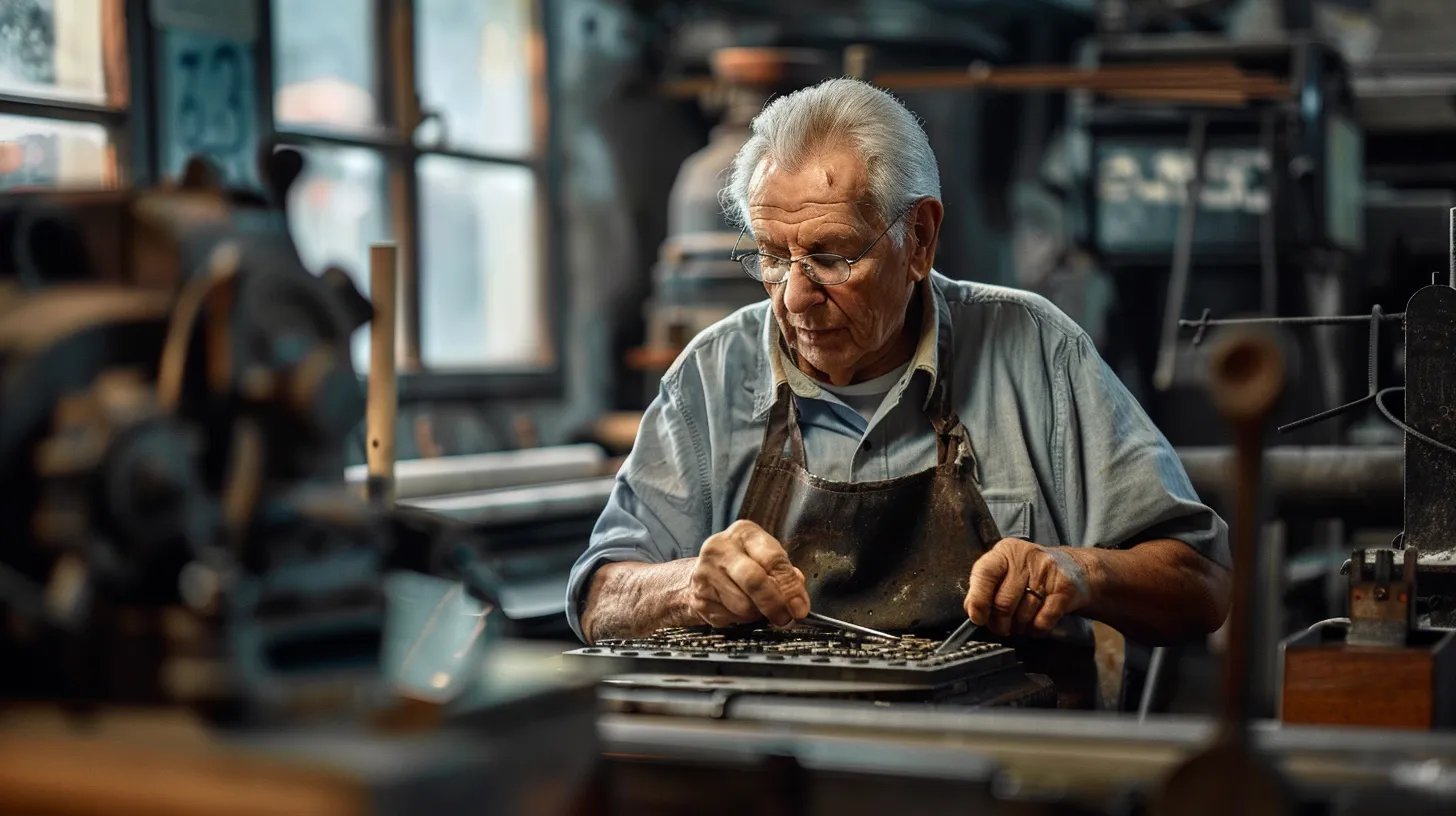 Ein Schriftsetzer setzt Buchstaben in seiner Druckerei.